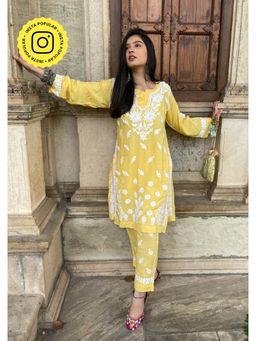 House of Chikankari - Modal Straight Kurta with Pant- Yellow (Set of 2)