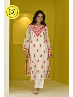 House of Chikankari - Chikankari Kota Straight Kurta with Inner (Set of 2)
