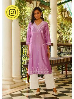 House of Chikankari - Chanderi Chikankari Womens Long Kurta - Lavender