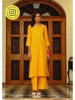 House of Chikankari - Soha Cotton Straight Kurta with Pant - Mustard (Set of 2)