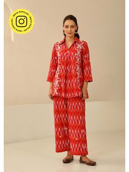 House of Chikankari - Cotton Chikankari Printed Womens Co-Ord - Red (Set of 2)
