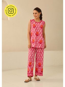 House of Chikankari - Cotton Chikankari Printed Womens Co-Ord - Pink (Set of 2)
