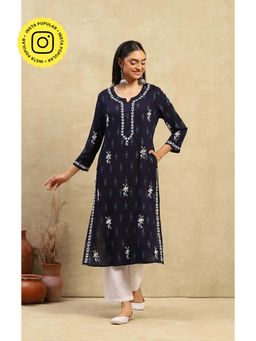 House of Chikankari - Navy Blue Rayon Chikankari Embroidered Women Long Kurta