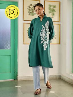 House of Chikankari - Womens Embroidered Cotton Long Kurta Green