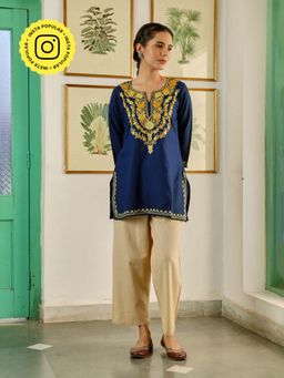 House of Chikankari - Womens Embroidered Cotton Tunic Blue