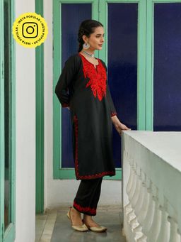 House of Chikankari - Crafts Women Black Aari Embroidered Cotton Kurta with Pant (Set of 2)