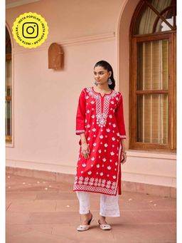 House of Chikankari - Red Cotton Chikankari Solid Women's Long Kurta