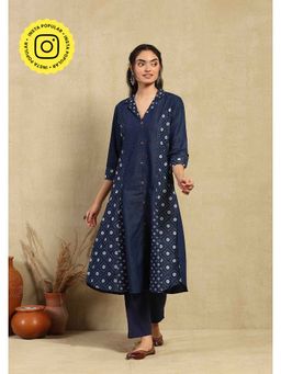 House of Chikankari - Hand Embellished Denim Printed Women's A-Line Kurta - Dark Blue