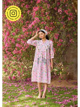 House of Chikankari - Pink Mulmul Chikankari Printed Women's Long Dress