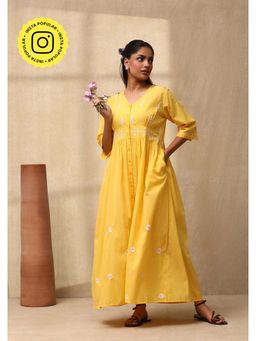 House of Chikankari - Cotton Cambric Chikankari Womens Long Dress -Yellow