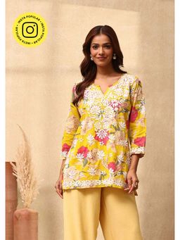 House of Chikankari - Cotton Chikankari Printed Womens Short Kurti - Yellow
