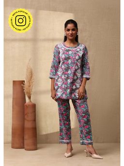 House of Chikankari - Women's Grey Cotton Chikankari Printed Co-Ord (Set of 2)