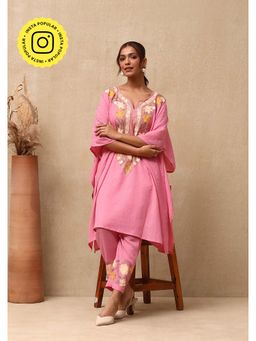 House of Chikankari - Women's Dust Pink Embroidered Kaftan & Pant (Set of 2)