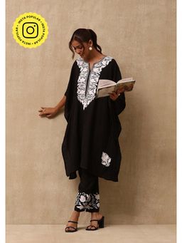 House of Chikankari - Women's Black Embroidered Kaftan & Pant (Set of 2)