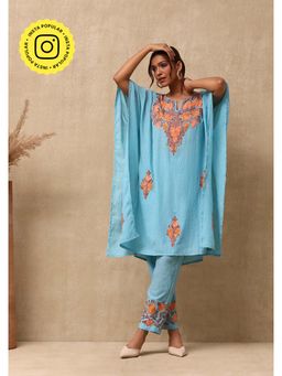 House of Chikankari - Women's Sky Blue Embroidered Kaftan & Pant (Set of 2)