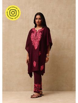 House of Chikankari - Women's Wine Embroidered Kaftan & Pant (Set of 2)