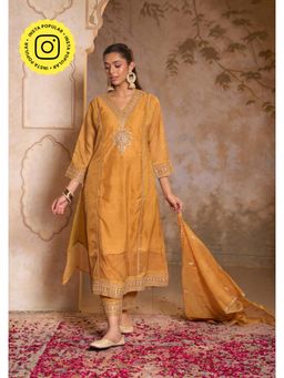 House of Chikankari - Crafts Zardozi A-Line Kurta with Pant and Dupatta- Mustard Yellow