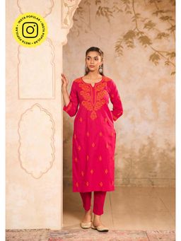 House of Chikankari - Cotton Cambric Chikankari Womens Long Kurta- Red