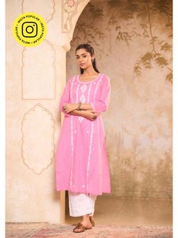 House of Chikankari - Cotton Chikankari Gota Work Womens Long Kurta -Pink