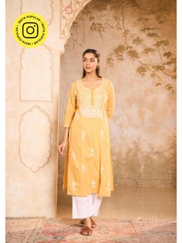 House of Chikankari - Cotton Chikankari Gota Work Womens Long Kurta -Yellow