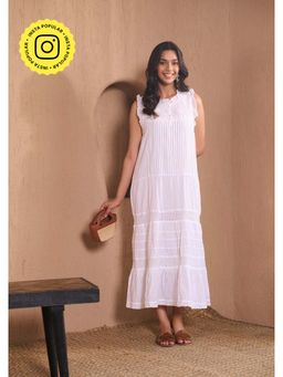 House of Chikankari - Dobby Cotton Chikankari Womens Long Crochet Lace Ruffle Dress-White
