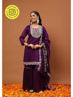 House of Chikankari - Silk Blend Embroidered Sharara with Kurta and Dupatta -Purple