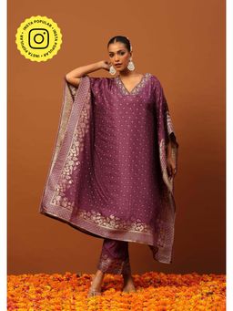 House of Chikankari - Crafts Jacquard Silk Hand Embellished Kaftan With Inner and Pant- Purple