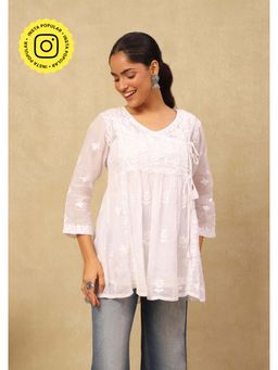 House of Chikankari - Kota Chikankari Womens Short Angrakha Kuti With Inner -White