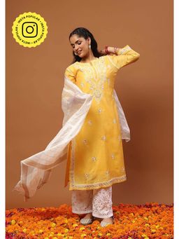 House of Chikankari - Yellow Chikankari Kurta with Inner, Pant and Dupatta