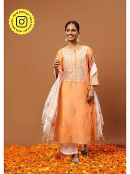 House of Chikankari - Orange Chikankari Kurta with Inner, Pant and Dupatta