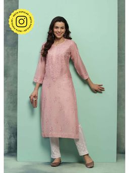 House of Chikankari - Chanderi Chikankari Womens Long Kurta - Dust Pink