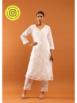 House of Chikankari - White Kota Chikankari Women's Kurta with Pant