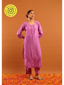 House of Chikankari - Purple Chanderi Chikankari Women's Long Kurta with Pant