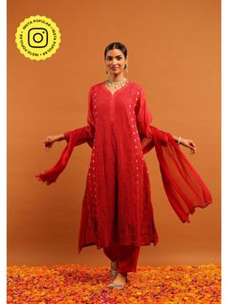 House of Chikankari - Red Chanderi Chikankari Women's Kurta with Inner, Pant and Dupatta