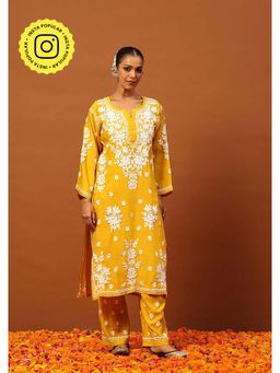 House of Chikankari - Yellow Chanderi Chikankari Women's Long Kurta with Pant