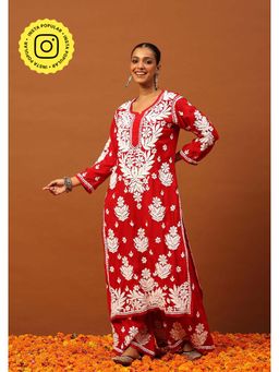 House of Chikankari - Red Modal Chikankari Women's Long Kurta with Palazzo