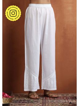 House of Chikankari - Cotton Chikankari Solid Womens Palazzo With Lace - White