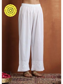 House of Chikankari - Cotton Chikankari Solid Womens Palazzo With Lace - White