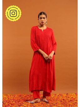 House of Chikankari - Rayon Chikankari Solid Women's Long Kurta-Red