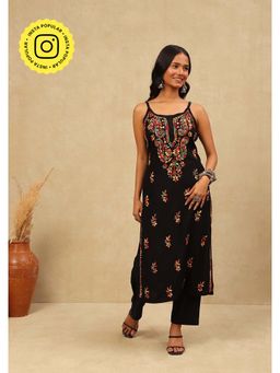 House of Chikankari - Rayon Chikankari Solid Women's Straight Kurta -Black