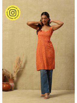 House of Chikankari - Rayon Chikankari Solid Women's Short Kurta - Orange
