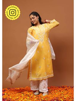 House of Chikankari - Women's Mustard Chanderi Chikankari Kurta and Palazzo Wit Dupatta
