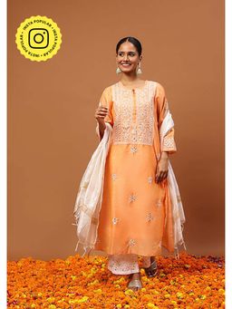 House of Chikankari - Women's Orange Chanderi Chikankari Kurta and Palazzo Wit Dupatta