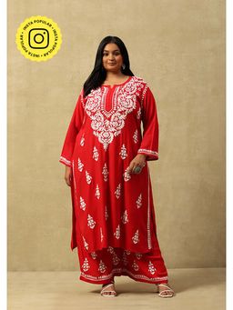 House of Chikankari - Women's Red Rayon Chikankari Kurta and Palazzo