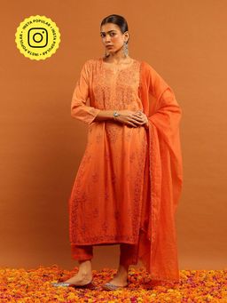 House of Chikankari - Women's Peach Chanderi Chikankari Kurta and Pant