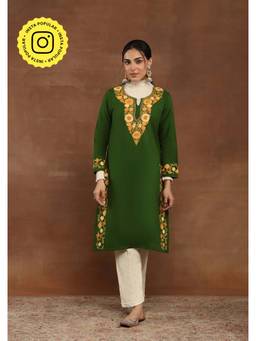 House of Chikankari - Aari Embroidered Women's Long Kurta -Green