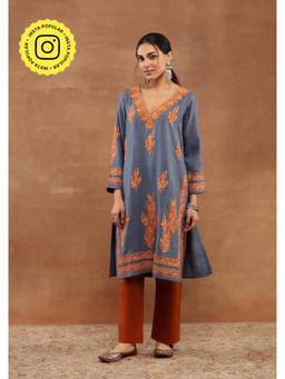 House of Chikankari - Aari Embroidered Women's Long Kurta -Powder Blue