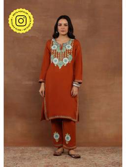 House of Chikankari - Rust Aari Embroidered Women's Kurta With Pant