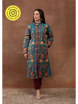 House of Chikankari - Aari Embroidered Women's Long Jacket-Turquoise Blue
