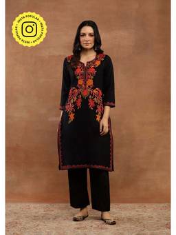 House of Chikankari - Black Hoc Crafts Kashmiri Wool Aari Embroidered Long Kurta